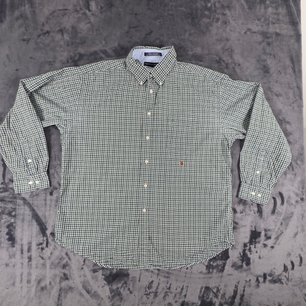 Tommy Hilfiger Button Down Shirt Mens XL Green Gingham Plaid Long Sleeve 4399